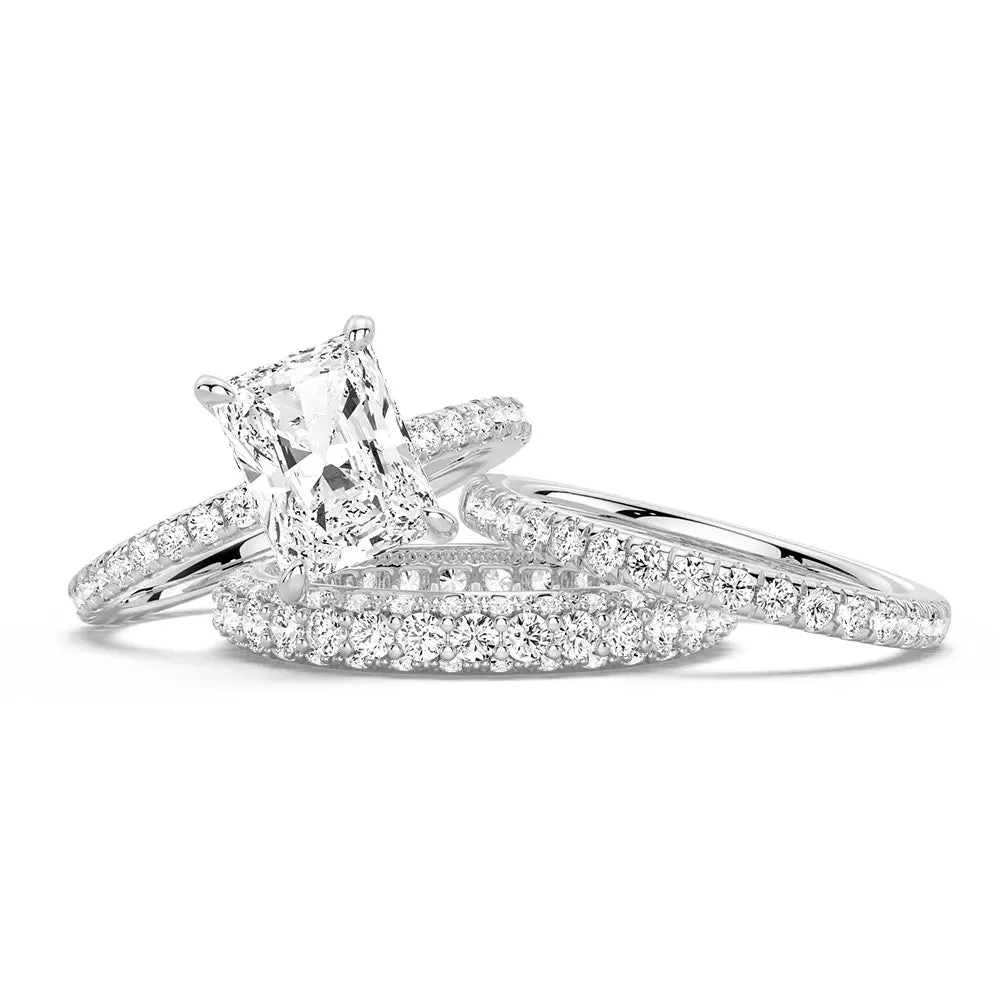 Solitaire Radiant Cut Moissanite Ring Set with Matching Stacking Band Budget Art Giftable Jewelry