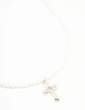 Minimal Gift Affordable Present Silver Pearl Cross Pendant Necklace