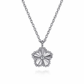 Sterling Silver Diamond Bujukan Flower Diamond Cut Pendant Necklace Daily Wear