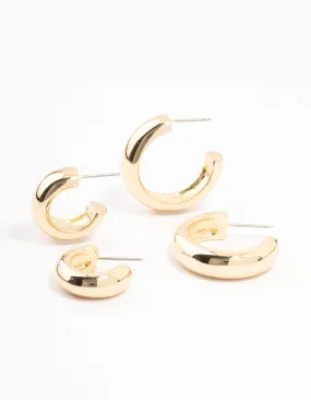 Stylish Embellishment Chic Ornament Gold Plated Chunky Hoop Earrings 2-Pack