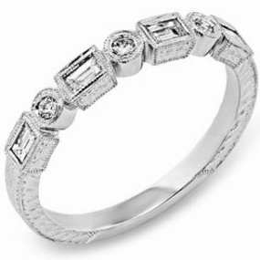 Gleaming Highlight Gloss Shine 14 Karat White Gold Engraved Diamond Stackable Ring