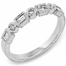 Gleaming Highlight Gloss Shine 14 Karat White Gold Engraved Diamond Stackable Ring