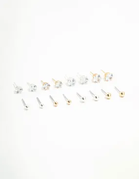 Mixed Metals Classic Stud Earrings 8-Pack Sophisticated Design Glossy Embellishment