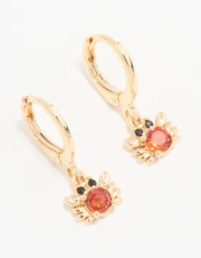 Gold Red Cubic Zirconia Crab Huggie Drop Earrings Premium Creation