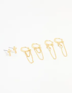 Oversized Adornment Neutral Accent Gold Cubic Zirconia Loop Chain Cross Earrings 3-Pack