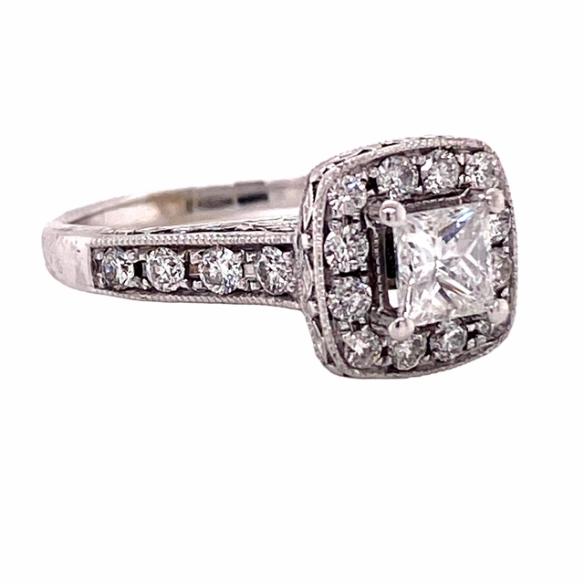 PRINCESS CUT DIAMOND RING WITH DIAMONDS THROUGHOUT THE HALO AND SETTING 0.95cttw Custom Piece