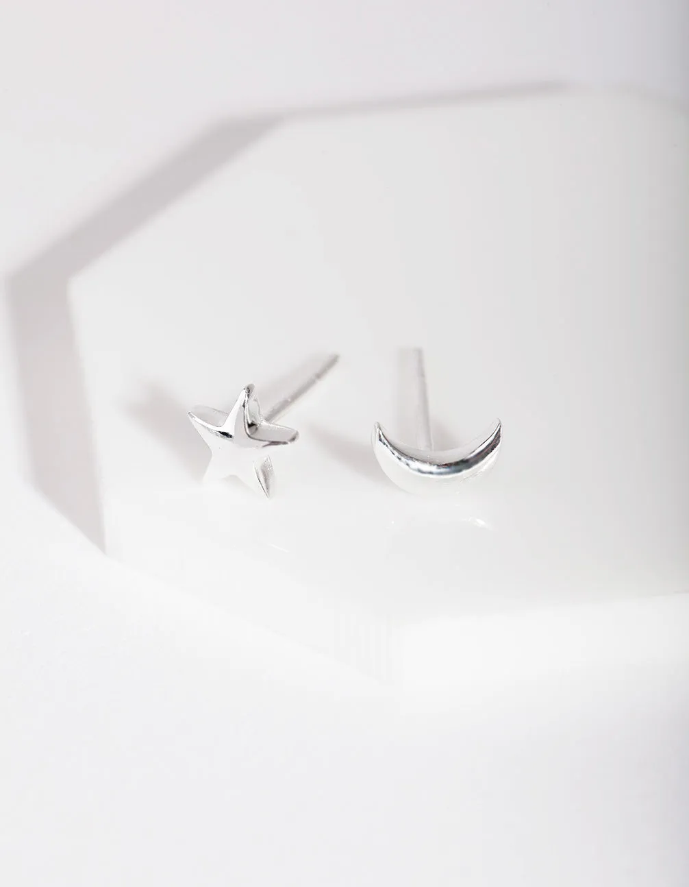 Sterling Silver Celestial Mismatch Stud Earrings Glossy Ornament Daytime Trinket