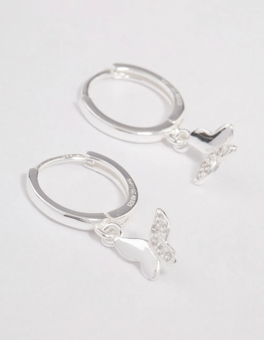 Chic Accent Everyday Piece Sterling Silver Diamante Butterfly Huggie Earrings