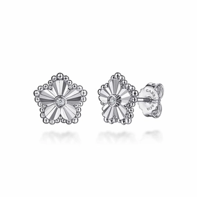 Sterling Silver Bujukan Frame Flower Diamond Cut Stud Earrings Distinctive Appeal