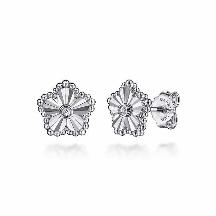 Sterling Silver Bujukan Frame Flower Diamond Cut Stud Earrings Distinctive Appeal