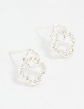 Avant-Garde Ornament Striking Accessory Sterling Silver Cubic Zirconia Double Flower Stud Earrings