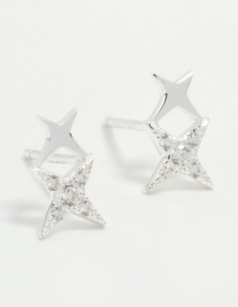 Sterling Silver Cubic Zirconia Double Star Stud Earrings Statement Decoration Tiny Adornment