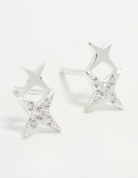 Sterling Silver Cubic Zirconia Double Star Stud Earrings Statement Decoration Tiny Adornment