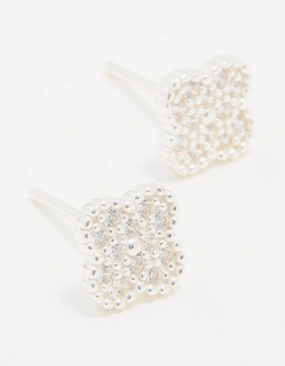 Sterling Silver Cubic Zirconia Pave Flower Stud Earrings Stunning Essential Shiny Trinket