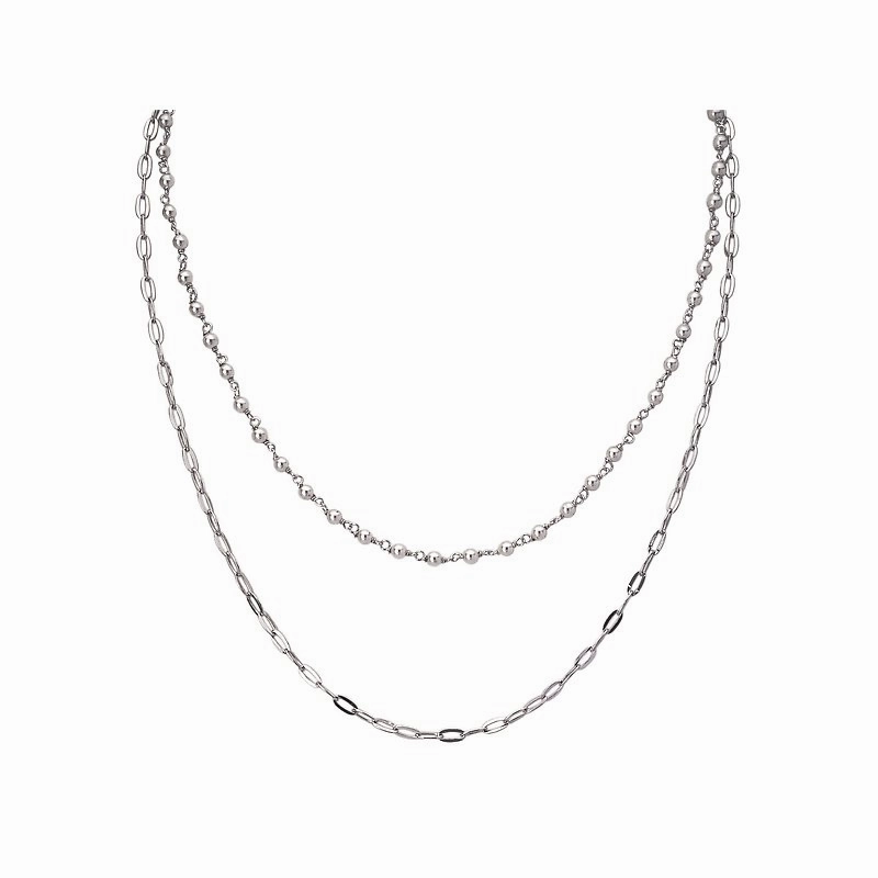Minimalist Style Shining Craft Sterling Silver Double Strand Necklace with 3mm Pearls and Flat Cable Links