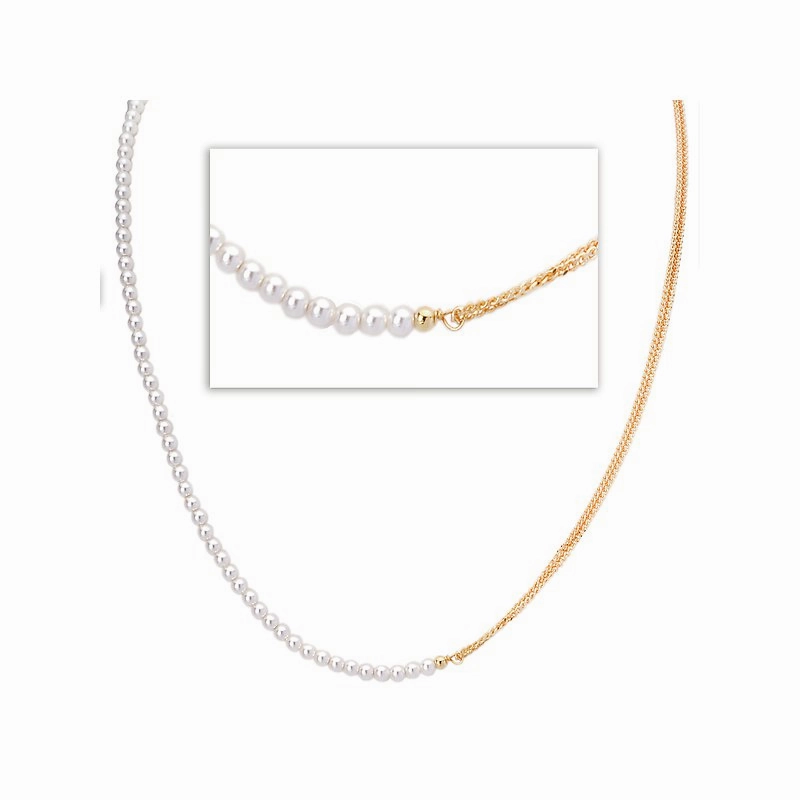 Sterling Silver Gold Plated Double Curb and 3mm Pearl Necklace Elegant Fashion
