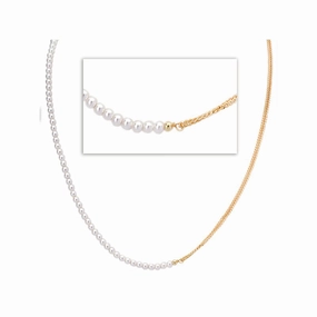 Sterling Silver Gold Plated Double Curb and 3mm Pearl Necklace Elegant Fashion