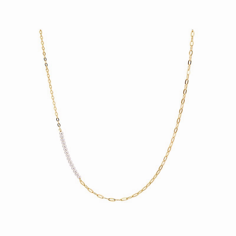 Classic Layer Sterling Silver Gold Plated Flat Cable Necklace with 3mm Pearls