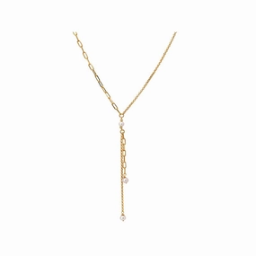 Sterling Silver Gold Plated Paperclip/Rolo Chain Lariat Necklace with 5mm Pearls Chic Pick