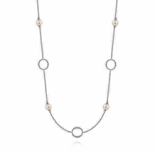 Sterling Silver Pearl and Open Circle Station Necklace Dreamy Mood Lustrous Look
