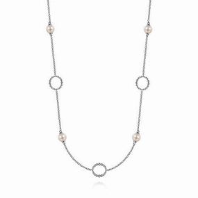 Sterling Silver Pearl and Open Circle Station Necklace Dreamy Mood Lustrous Look