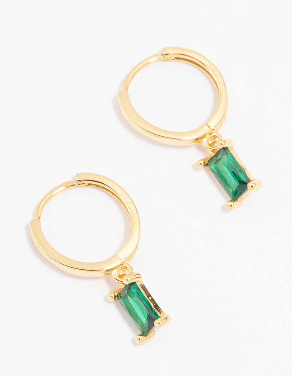 Gold Plated Sterling Silver Green Cubic Zirconia Baguette Hoop Earrings Miniature Trinket Affordable Appearance