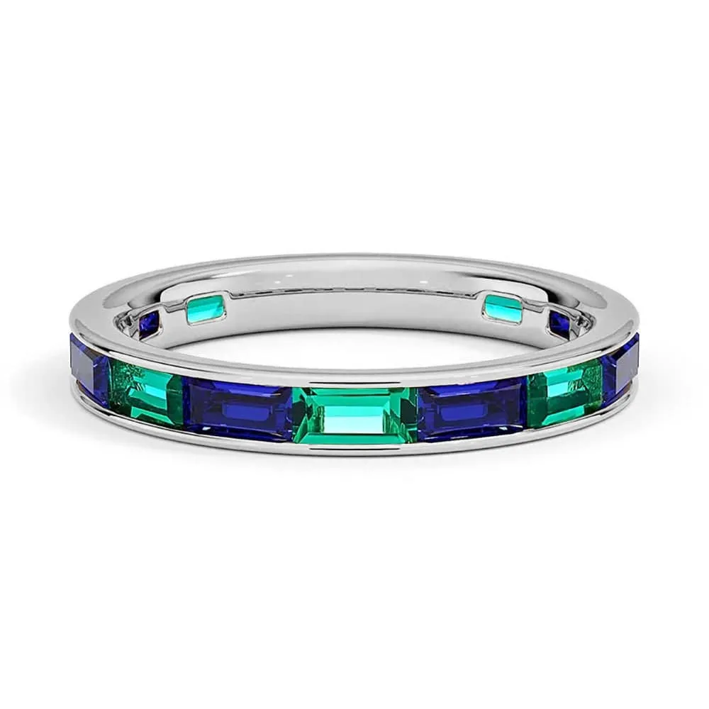 Glam Present Channel Set Baguette Lab Sapphire and Lab Emerald Promise Ring Band