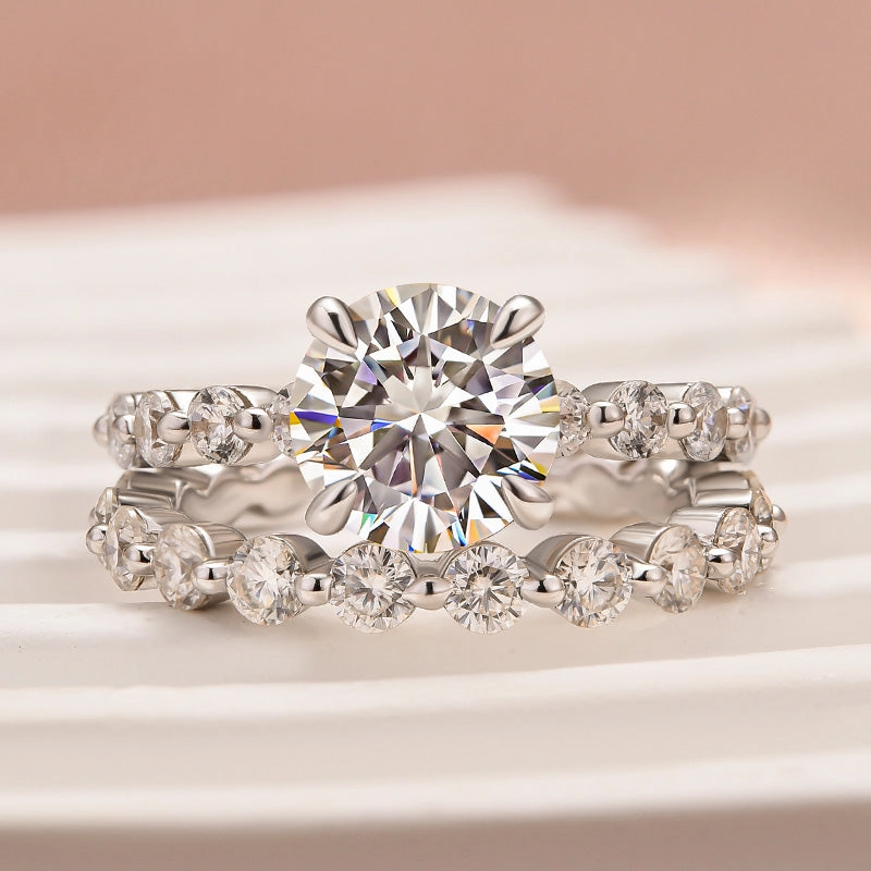 Comfort Style Moissanite 2.0 Carat Round Cut Wedding Ring Set With Eternity Wedding Band