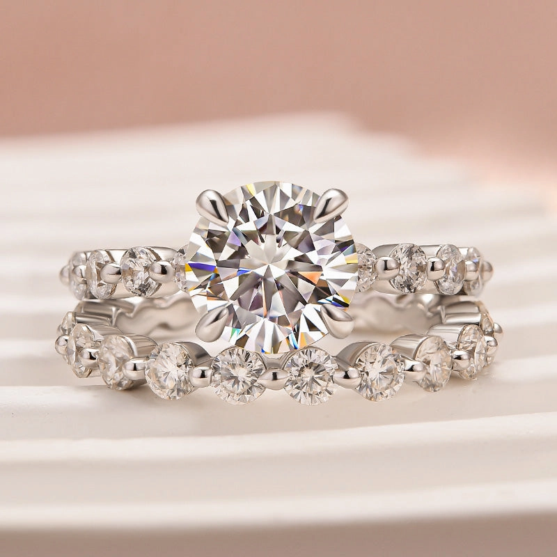 Moissanite 2.0 Carat Round Cut Wedding Ring Set With Eternity Wedding Band Silky Finish Bold Shine Pieces
