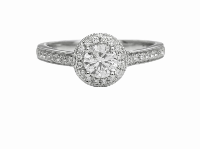 14 Karat White Gold Milgrain Halo Engagement Ring (.75cttw) Soft Materials