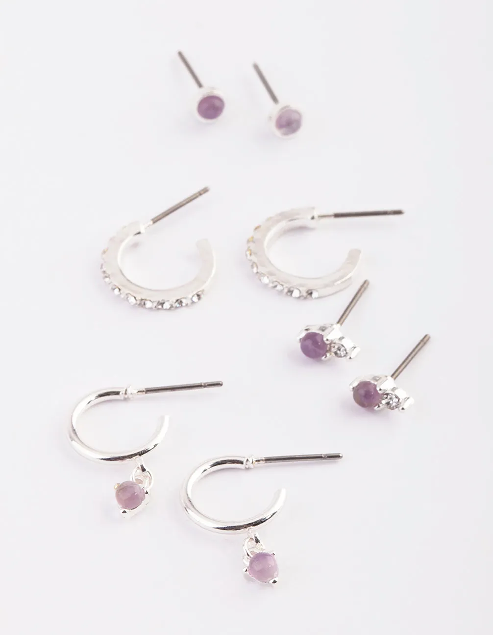 Shiny Element Brilliant Style Silver Earring Stack Pack with Amethyst