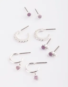 Shiny Element Brilliant Style Silver Earring Stack Pack with Amethyst