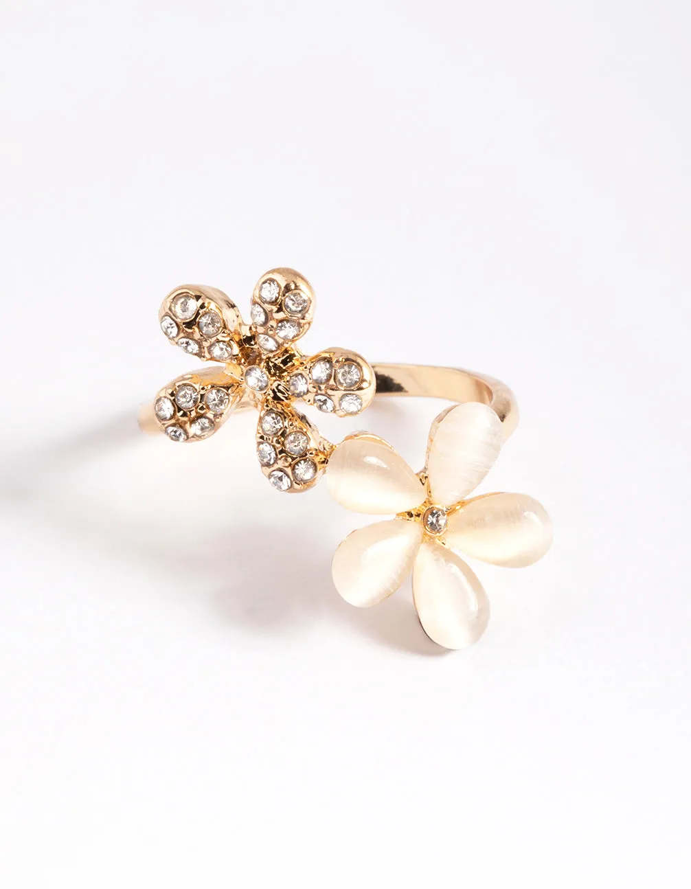 Gold Diamante & Cateye Flower Ring Handcrafted Style Casual Flow