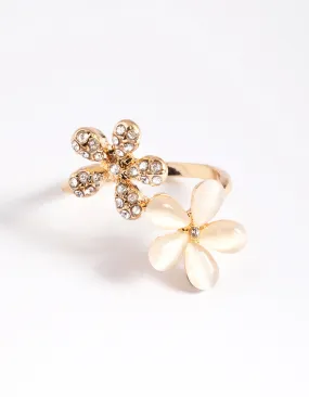 Gold Diamante & Cateye Flower Ring Handcrafted Style Casual Flow
