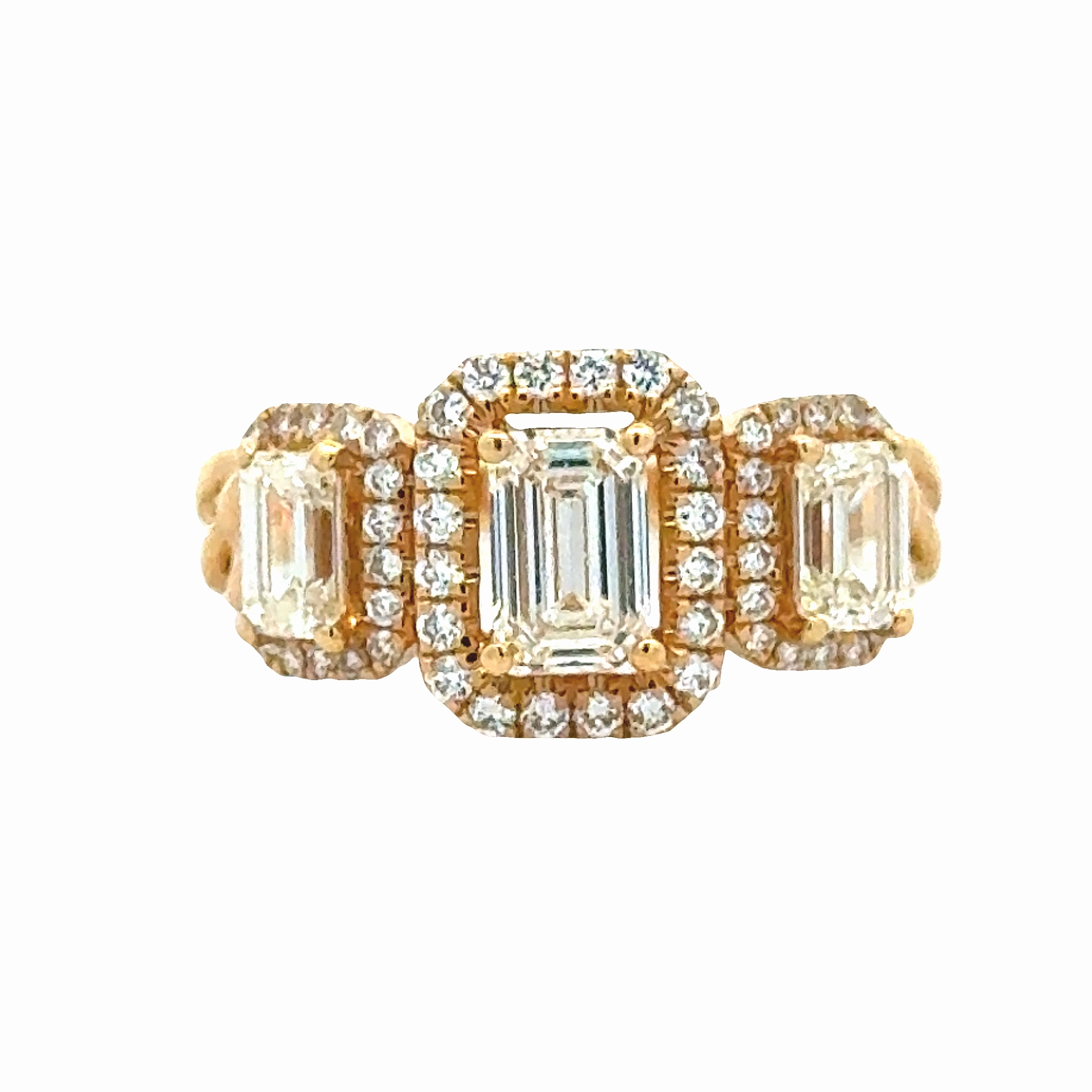 Breezy Style Bold Pieces Design 18ky Three Stone Halo Diamond Engagement Ring (1.6cttw)