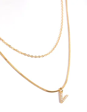 Gold Plated Diamante Letter V Layered Necklace Contemporary piece