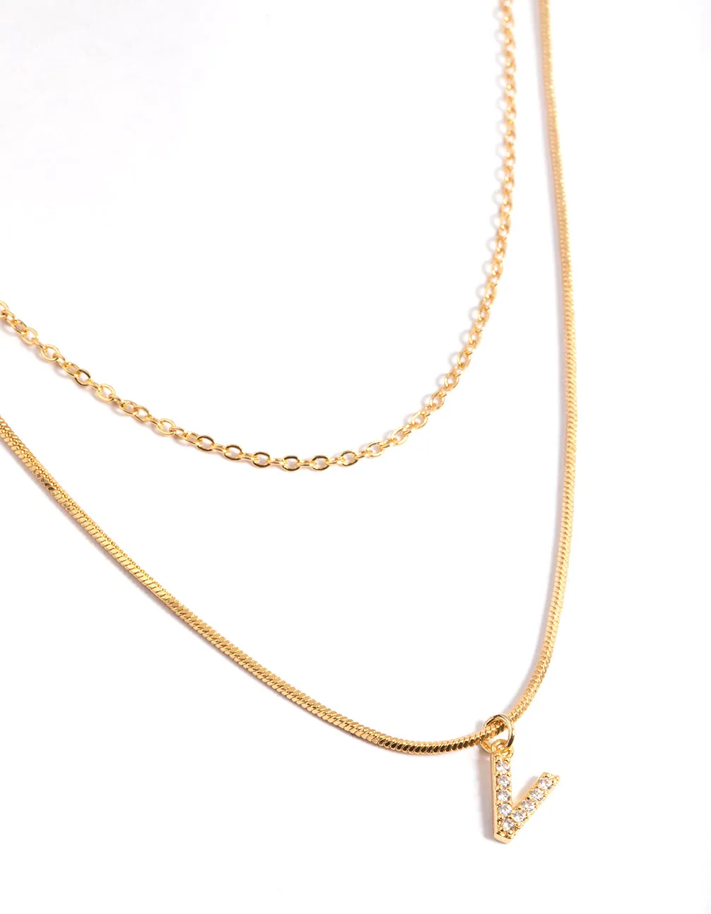 Gold Plated Diamante Letter V Layered Necklace Contemporary piece