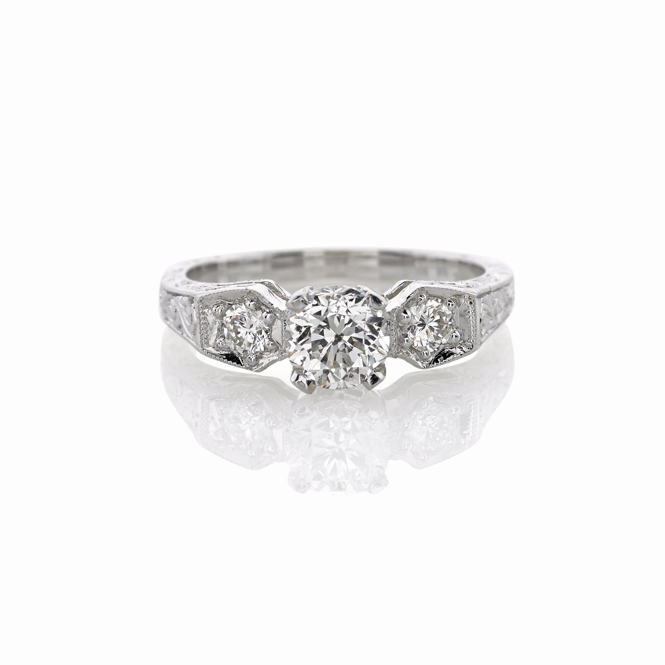 THREE STONE ANTIQUE STYLE RING 1.11 CTTW Vintage Style Pastel Light