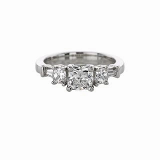 Three-stone Cushion Cut Diamond Semi Mount with tapered baguette side stones Polished Piece