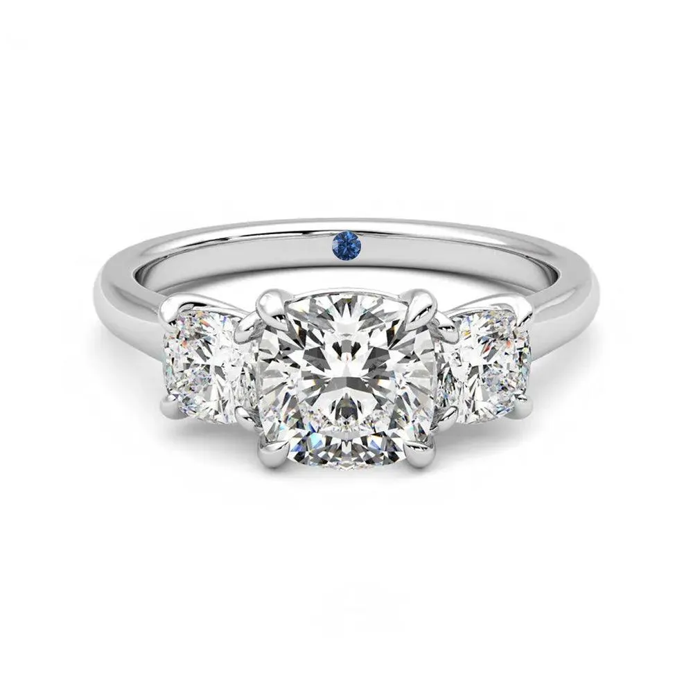 Four Prong Three Stone Cushion Cut Moissanite Engagement Ring with Hidden Anniversary Stone Accent Sentimental Adornment
