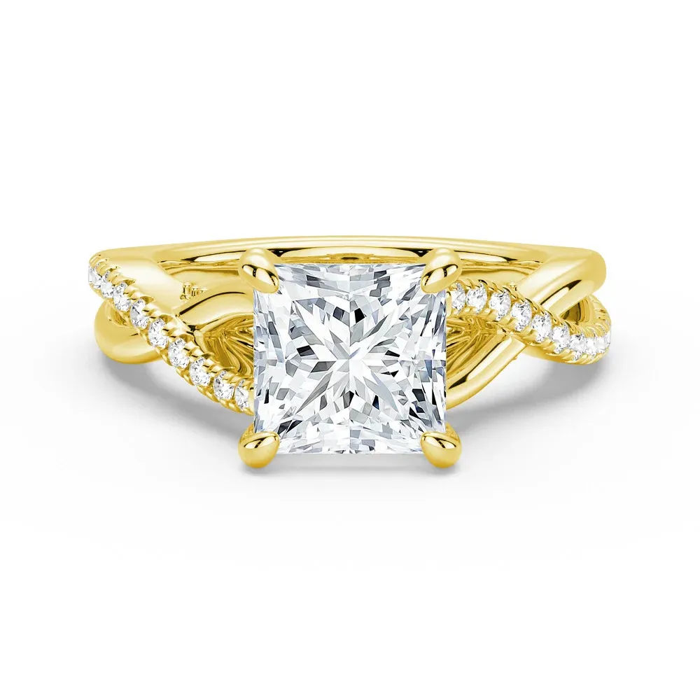 Finished Goods Artisan Vibe Princess Cut Moissanite Twisted Band Engagement Ring with Hidden Accents