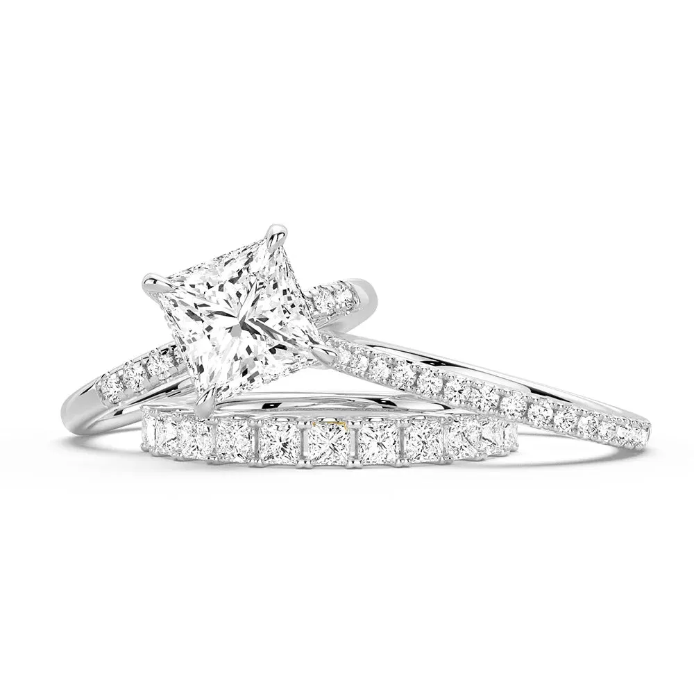 Princess Cut Hidden Halo Moissanite Ring Set with Matching Stacking Band Warranty Included Spring Trend