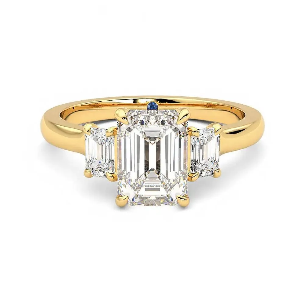 Bendable Item Four Prong Three Stone Emerald Cut Moissanite Engagement Ring with Hidden Anniversary Stone Accent