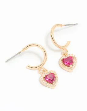 Petite Decoration Gold Pink Cubic Zirconia Encased Heart Huggie Earrings