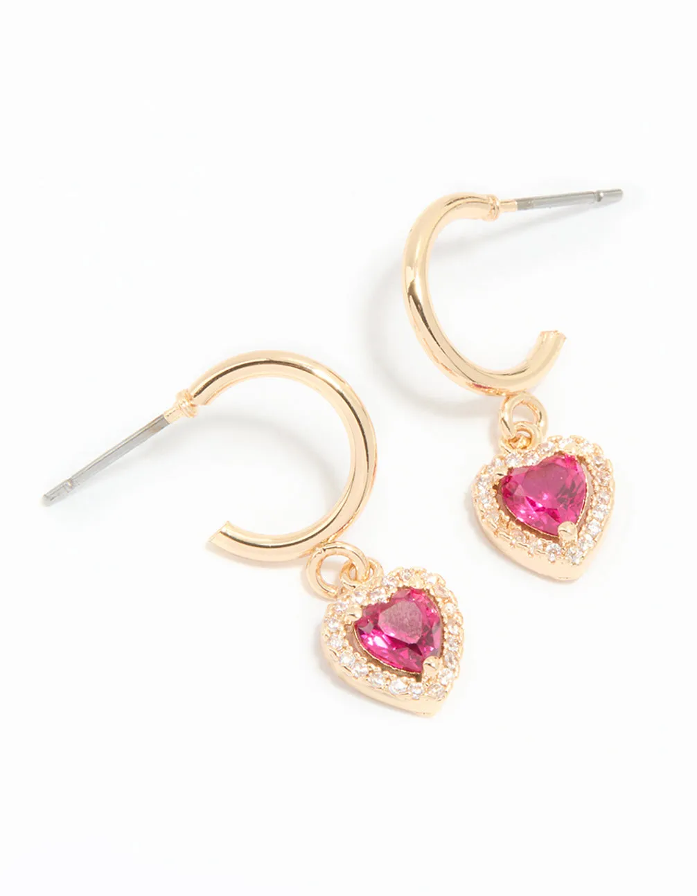 Gold Pink Cubic Zirconia Encased Heart Huggie Earrings Delicate Element