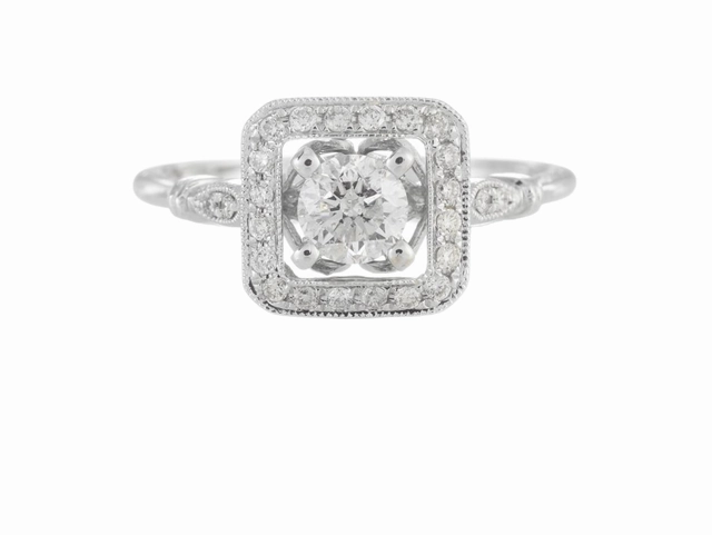 Delicate Highlight 14 Karat White Gold Square Halo Engagement Ring (.88cttw)