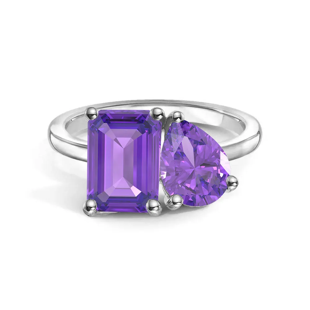 Designer Art Work Style Toi et Moi Personalized Amethyst Birthstone Anniversary Ring