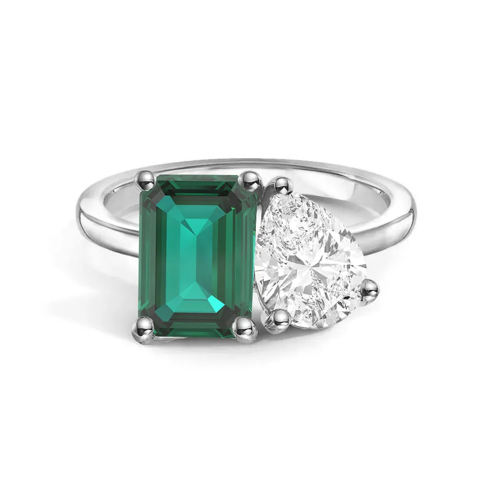 All Style Handcrafted Art Toi et Moi Personalized Emerald Birthstone Anniversary Ring