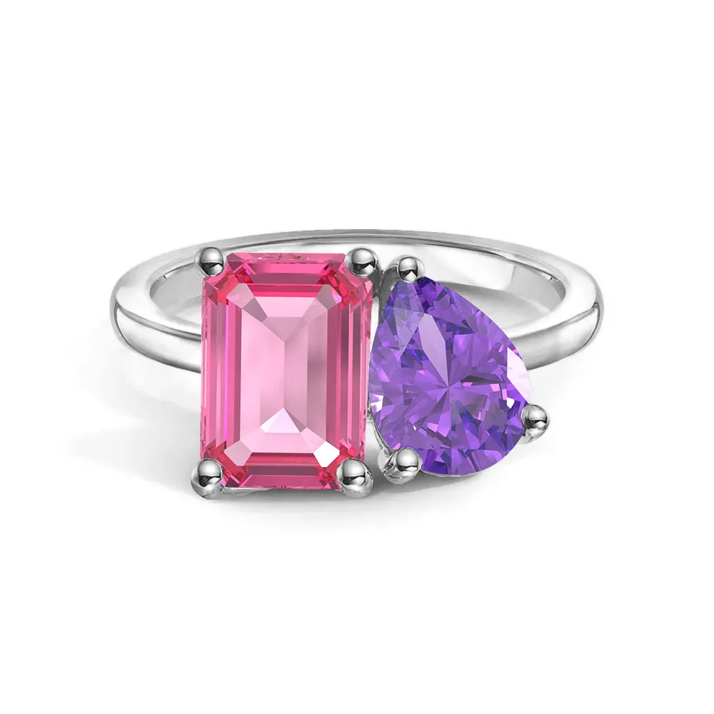 Artistic Art Contemporary Touch Toi et Moi Personalized Pink Tourmaline Birthstone Anniversary Ring