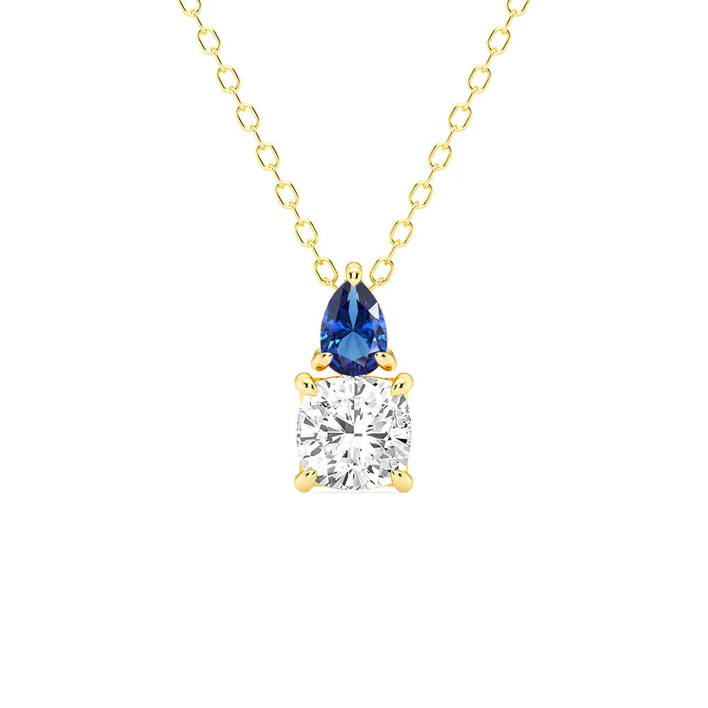 Toi Et Moi Sapphire and Cushion Cut Lab Grown Diamond Pendant Necklace Signature Detail Pretty Adornment